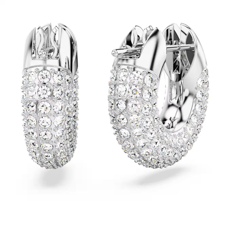 Dextera hoop earrings, Pavé, White, Rhodium plated